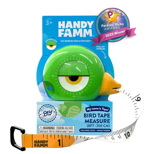 Miniatura 19 de Handy Famm Cinta métrica de pájaro azul de 8 pies para niños, herramienta educativa STEM con nivel, transportador, diseño retráctil, juguete