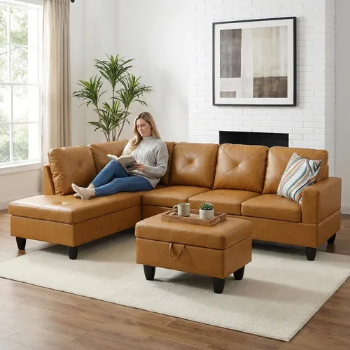 Miniatura 3 de Sofá modular de cuero en forma de L de 3 piezas – Sofá modular convertible con diván móvil y otomana de almacenamiento, uso multiescenario para sala