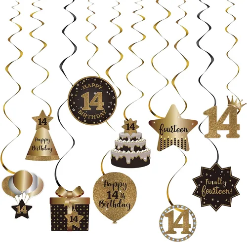 Decoración de techo de remolinos colgantes para fiesta de cumpleaños número 14, celebración, 14 espirales colgantes de papel de aluminio con