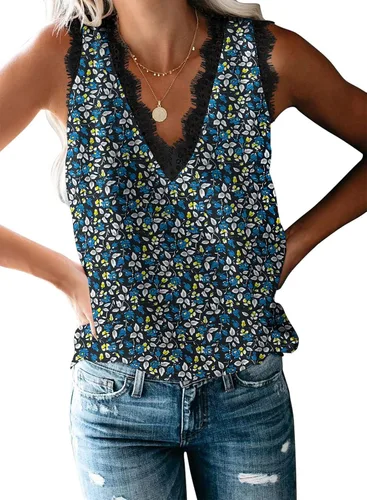 Miniatura 13 de VIISHOW - Camiseta sin mangas, sexy, con cuello en V y bordes de encaje para mujer, camisola de vestir, camisas de gasa, sin mangas, casuales