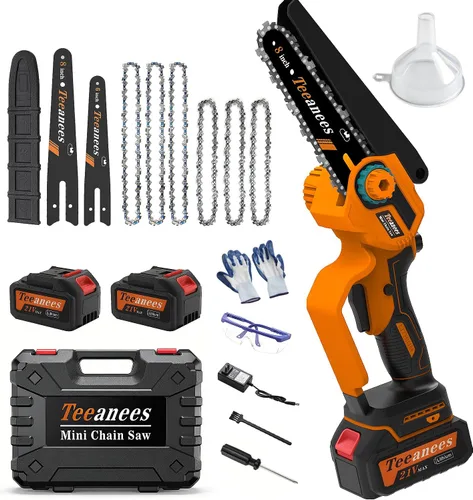 Mini motosierra eléctrica inalámbrica de 8 pulgadas, sin escobillas de 1200 W, con 2 baterías de 4000 mAh y 4 cadenas, motosierra 2 en 1 de doble