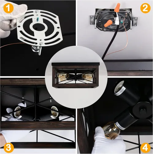 Miniatura 6 de eyassi Lámpara de techo de madera de montaje empotrado, 4 luces rústicas de granja, lámpara de techo cuadrada industrial con enchufe E26