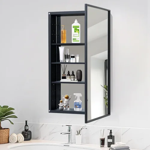 Miniatura 14 de Botiquín de baño negro con espejo de 16 x 24 pulgadas, marco de metal, empotrado o montado en la pared, gabinetes de medicina de una sola puerta