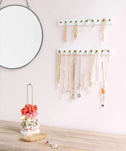 Miniatura 3 de Mkono Juego de 2 soportes para collares de madera, organizador de joyas con 20 ganchos redondos de metal, ganchos de joyería para collares