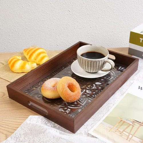 Miniatura 7 de Bandeja decorativa de 12 pulgadas, bandeja redonda de madera para decoración del hogar, pequeña bandeja de madera con asas para decoración de mesa