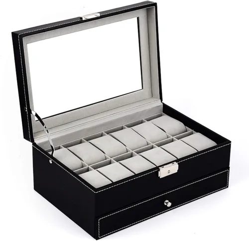Miniatura 2 de Tebery Caja de reloj negra con 12 ranuras organizador de piel sintética con cajón de joyería para almacenamiento y exhibición