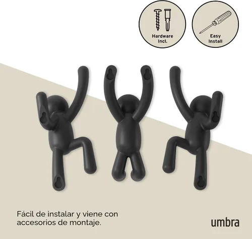 Miniatura 6 de Umbra Buddy Ganchos de pared decorativos montados en la pared para colgar abrigos, bufandas, bolsos, carteras, mochilas, toallas y más, juego de 3