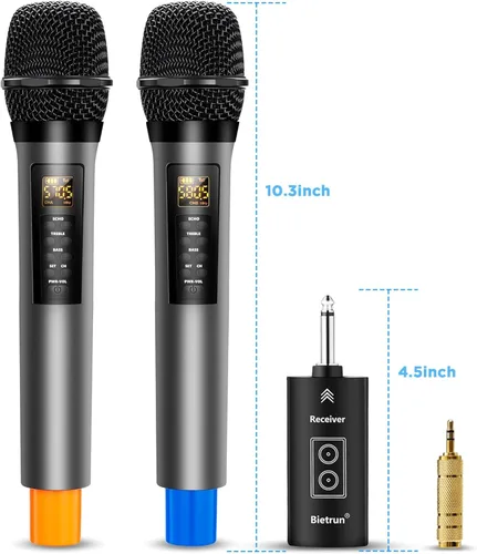 Miniatura 8 de Bietrun - Micrófonos inalámbricos con eco, agudos, graves y Bluetooth, rango de 160 pies, sistema de micrófono dinámico de mano UHF portátil