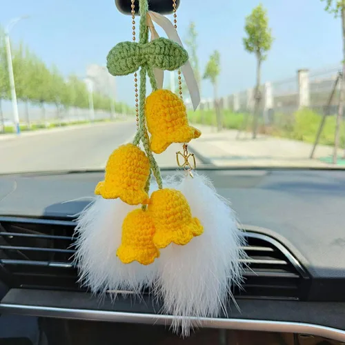 Miniatura 2 de Surakey Lindo ganchillo colgante Campanula flor de punto Convallaria espejo de coche colgante interior del coche espejo retrovisor de algodón cordón