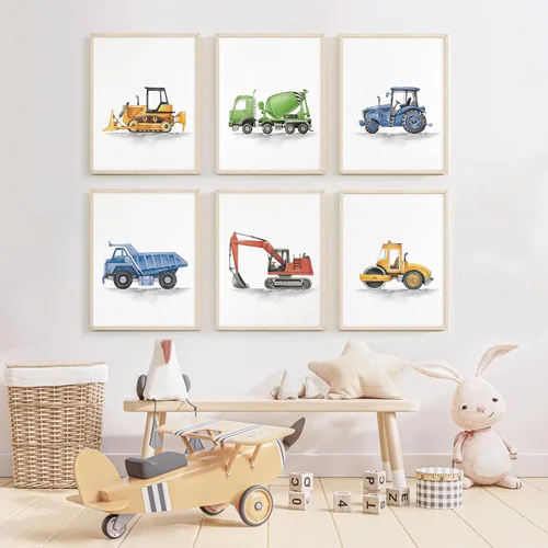 Miniatura 3 de Joocrise Juego de Arte de Pared de Camiones para Niños Set de 6 Decoración de Pared en Lienzo de Vehículos Camiones Arte de Pared de Construcción