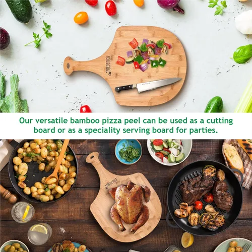 Miniatura 6 de Pala de madera de bambú prémium para pizza y tabla de cortar con mango (para hornear pizza, pan, cortar frutas, verduras, queso) – Tamaño personal