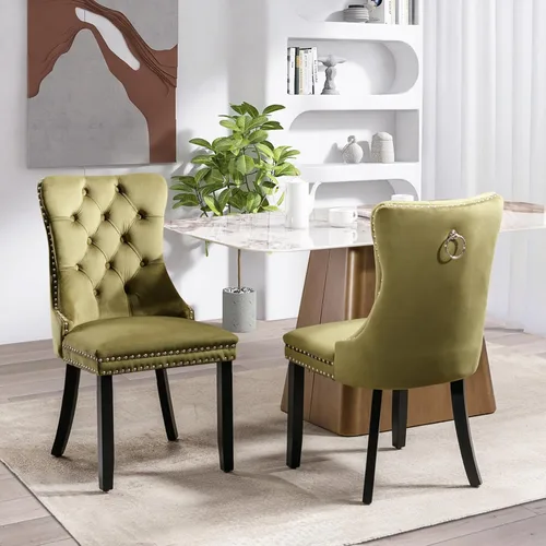 Miniatura 71 de SoarFlash Juego de 2 sillas de comedor de tela de lino, sillas de comedor tapizadas con ribete de cabeza de clavo y patas de madera de color claro