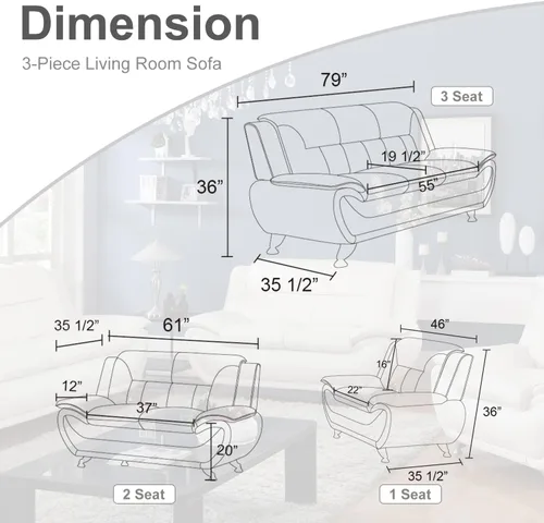 Miniatura 2 de Juego de sofá de sala de estar de cuero, sofá de cuero estilo moderno, sofás para sala de estar 3 piezas (blanco)