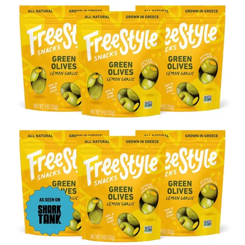 Freestyle Snacks Paquetes de aperitivos de oliva, aceitunas verdes frescas sin hueso, tamaño gigante, cultivadas en Grecia, totalmente naturales,