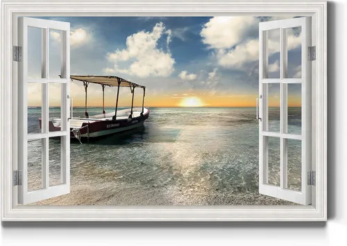 Miniatura 9 de Renditions Gallery Lienzo decorativo para pared, vista de barco viejo atracado en la playa de arena blanca, obra de arte para colgar en la pared