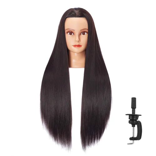 Miniatura 10 de 26-28" Cabeza de maniquí con cabello de fibra sintética Yaki para estilizar, cabeza de muñeca para entrenamiento de cosmetología, cabeza de maniquí