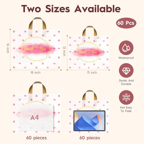 Miniatura 3 de WAKAKO Paquete de 60 bolsas de plástico con asas, 12 x 15 pulgadas, bolsas de regalo para mercancías minoristas para pequeñas empresas y boutiques