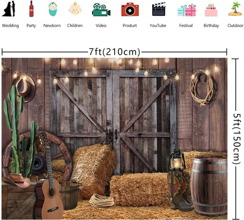 Miniatura 4 de Telón de fondo con tema de vaquero occidental para fotografía, puerta de granero rústica con balas de heno, cactus, luces de cuerda de guitarra