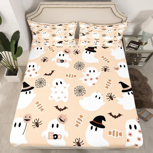 Miniatura 17 de Sábana bajera ajustable de fantasma de Halloween, tamaño individual, sábana de bruja de calabaza de caramelo de dibujos animados, juego de ropa