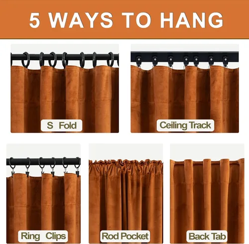 Miniatura 3 de Cortinas de terciopelo con trabilla trasera de 52 x 63 pulgadas de color naranja quemado de KOUFALL