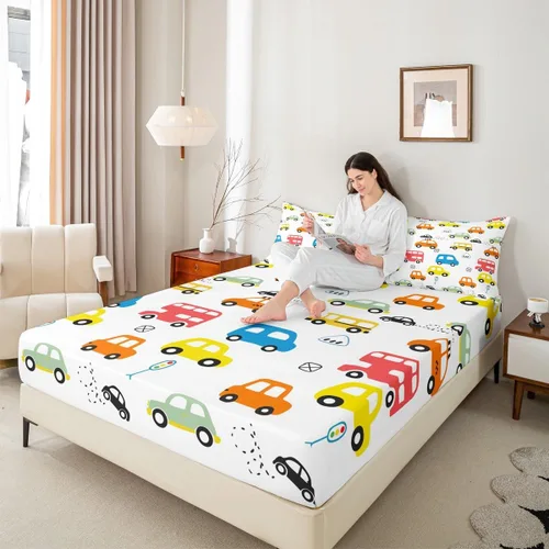 Miniatura 8 de Juego de sábanas de coche de dibujos animados para niños, niños, adolescentes, decoración de dormitorio, sábanas de taxi autobús con sábana bajera