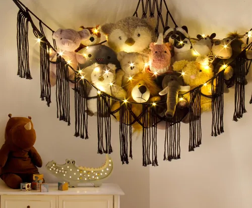 Miniatura 6 de Hamaca de Macramé para Animales de Peluche de Esquina con Luz LED - Hamaca de Almacenamiento de Juguetes Negra Organizador de Red de Peluches Negro