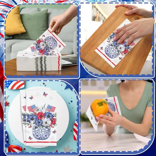Miniatura 2 de Seajan 200 toallas de mano desechables de papel para el 4 de julio, para baño, patriótico, rojo, blanco y azul, 250 aniversario, toallas desechables
