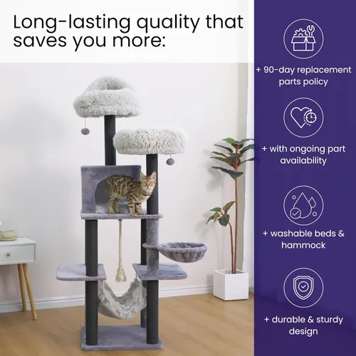 Miniatura 8 de Catry Bradbury - Árbol para gatos moderno de 7 niveles y 62.5 pulgadas con postes rascadores reemplazables, condominio grande, dos camas lavables