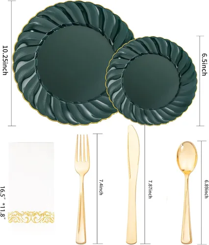 Miniatura 2 de YOUBET 150 platos de plástico verde esmeralda, vajilla desechable verde y dorado que incluye 50 platos, 25 cuchillos, 25 tenedores, 25 cucharas, 25