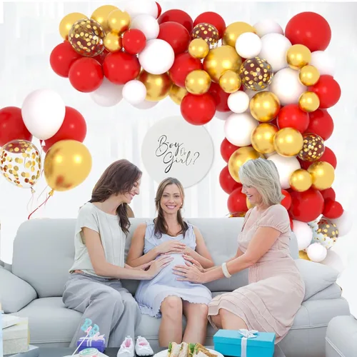 Miniatura 6 de Kit de arco de guirnalda de globos rojos y dorados, 122 globos blancos y rojos, globos de confeti de oro metálico para cumpleaños, boda, Oro blanco