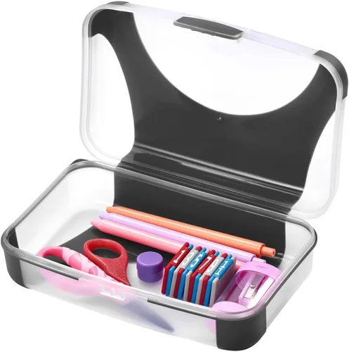 LockerMate by Bostitch Estuche rígido para lápices, caja de lápices de plástico duradero, diseño apto para niños, negro y transparente