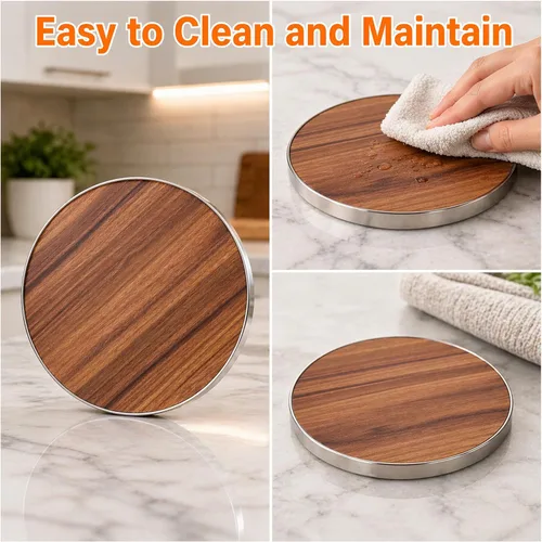 Miniatura 6 de Creative Home Salvamanteles redondos de 7 pulgadas, salvamanteles de fibra de madera de acacia con borde de acero inoxidable, duradero, protector