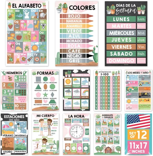 Hadley Designs Decoraciones de aula en español, 12 carteles en español para aula primaria, Abecedario para niños en español, carteles educativos