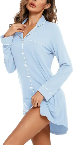 Miniatura 89 de Samring Camisón de pijama para mujer, manga corta/larga, con botones, camisón para dormir, camisón para novio, talla XXL