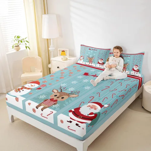 Miniatura 12 de Erosebridal Sábana bajera ajustable de Papá Noel con bolsillo profundo para niños, niñas y niños, juego de ropa de cama de Navidad para niños