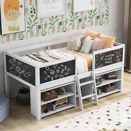 Miniatura 19 de Cama baja de tamaño individual con tobogán y escalera, marco de cama con barandillas de seguridad y techo en forma de casa, para dormitorio