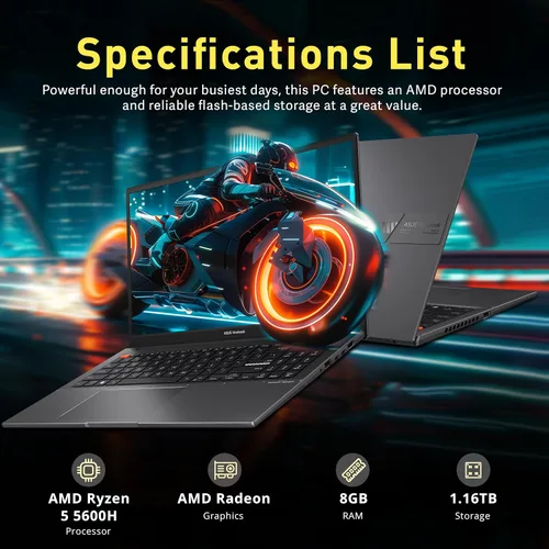 Miniatura 3 de ASUS VivoBook S15 Slim portátil, pantalla FHD de 15.6 pulgadas, Ryzen 5-5600H, 8 GB de RAM, almacenamiento de 1.16 TB