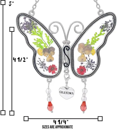 Miniatura 4 de Mariposa de la abuela que atrapa el sol con alas de flores a presión incrustadas en vidrio con borde de metal. Encanto del corazón de la abuela.