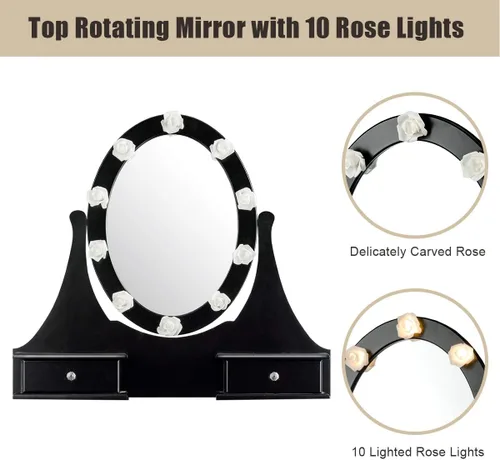 Miniatura 8 de Giantex Juego de tocador con espejo iluminado, mesa de maquillaje con 10 luces rosadas, escritorio de tocador moderno con taburete acolchado, 3