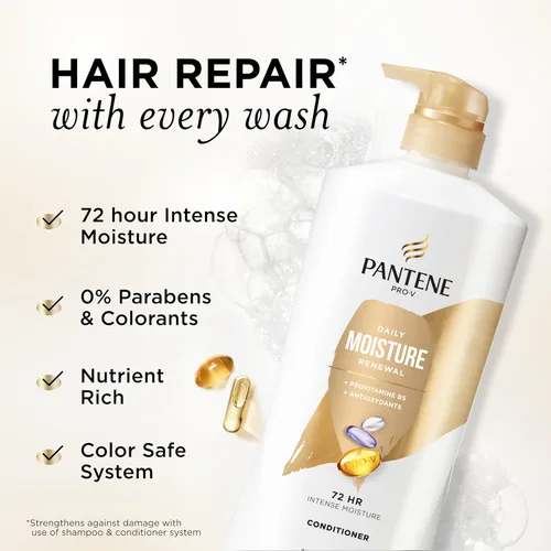 Miniatura 2 de Pantene Acondicionador, renovación diaria de la humedad, nutrientes Pro-V para cabello seco, teñido y lacio, hidratación y suavidad de 72 horas