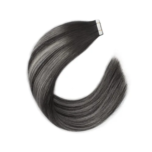 Miniatura 9 de Sixstarhair Extensiones de cabello humano con cinta adhesiva, balayage, color negro a plateado con cinta negra, 20 unidades, 1.76 onzas, extensiones