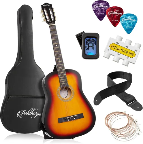 Miniatura 10 de Ashthorpe - Paquete de guitarra acústica para principiantes de 30 pulgadas (negro), kit básico de iniciación con funda, cuerdas, correa, afinador