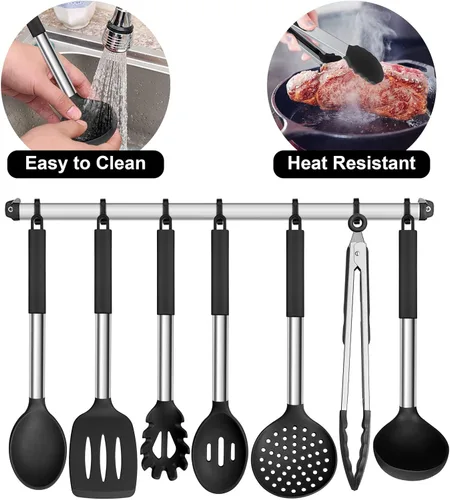 Miniatura 6 de E-far Juego de utensilios de cocina de silicona, 7 piezas de utensilios de cocina resistentes al calor con mango de acero inoxidable, espátula
