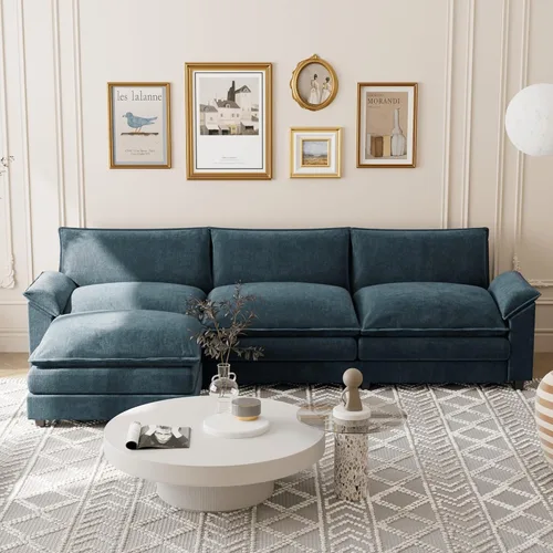 Miniatura 3 de Shahoo Sofá modular modular en forma de L de tela de felpilla con esponjas suaves y de alto apoyo y otomana extraíble, cómodo mueble tapizado