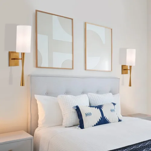 Miniatura 4 de Juego de 2 apliques de pared modernos de latón antiguo con acabado de pintura, con tela blanca cremosa, pantalla recta para tocador, escalera