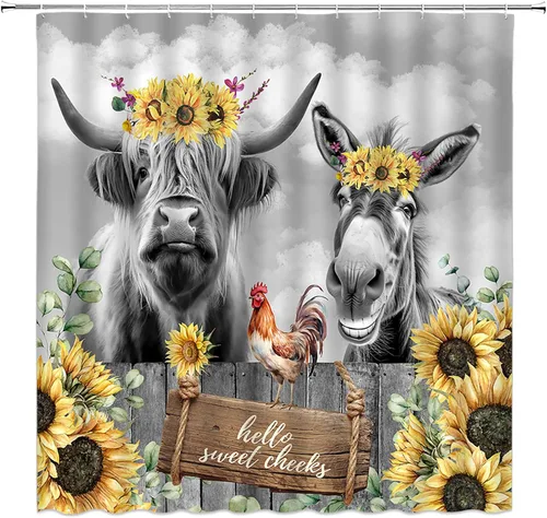 Miniatura 6 de Cortina de ducha con estampado de vaca, piel de vaca negra y blanca, divertida piel de granja de animales de granja, estilo occidental, tela Negro