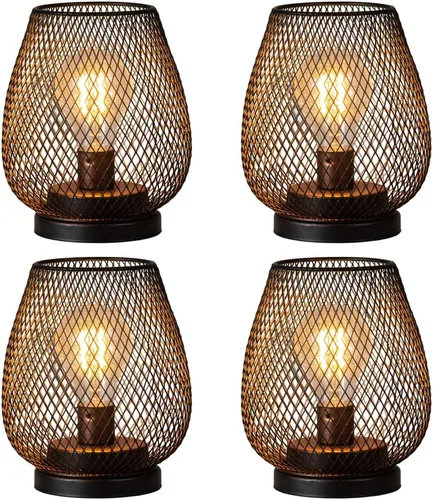 Juego de 4 faroles de mesa LED con pilas, lámparas inalámbricas de jaula de metal marrón con bombilla LED, linterna decorativa vintage para