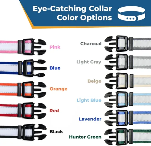 Miniatura 4 de Collar de perro reflectante personalizado, bordado personal con nombre y teléfono de la mascota, color azul, negro, rosa, rojo y naranja. Collares