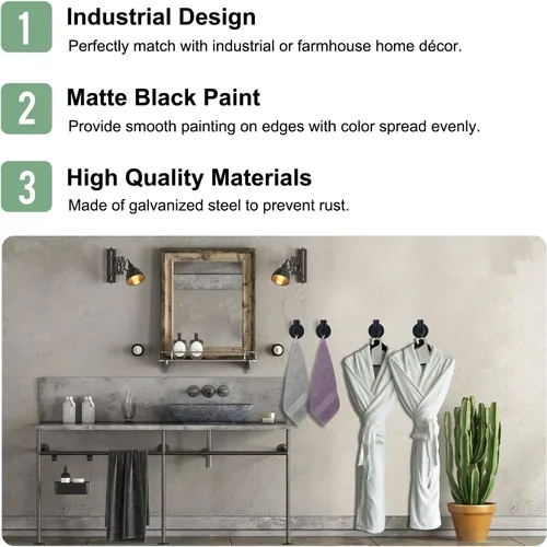 Miniatura 4 de HouseAid Soporte para toallas de hierro industrial, gancho rústico para bata de baño, estilo vintage, montaje en pared, negro mate (paquete de 4)
