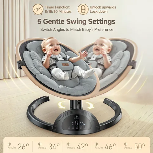 Miniatura 2 de Columpio eléctrico para bebés, columpio infantil con altavoz de música, 3 posiciones de asiento, 5 velocidades y control remoto para recién nacido
